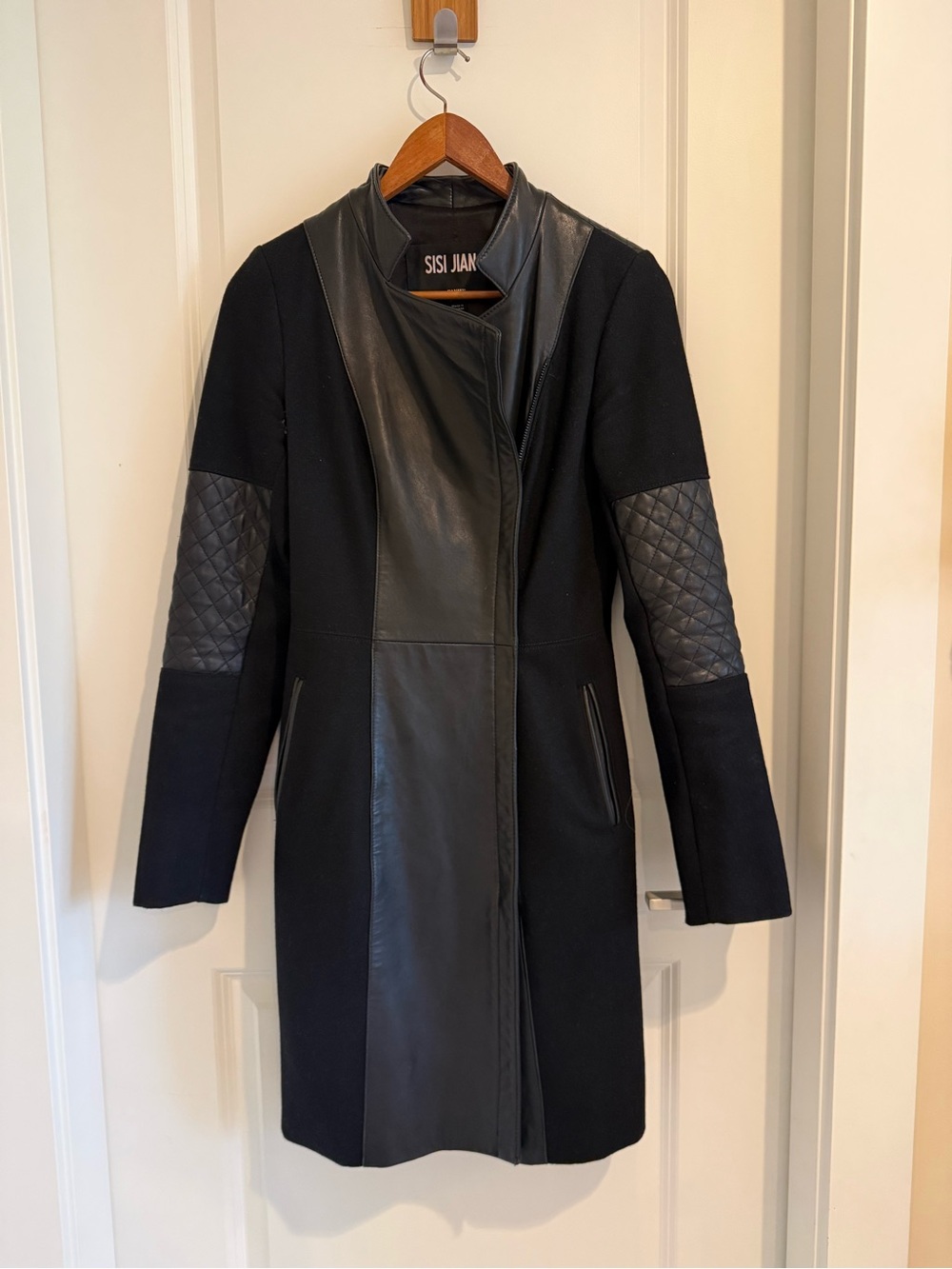 Danier Black Mixed-Media Leather Wool Coat